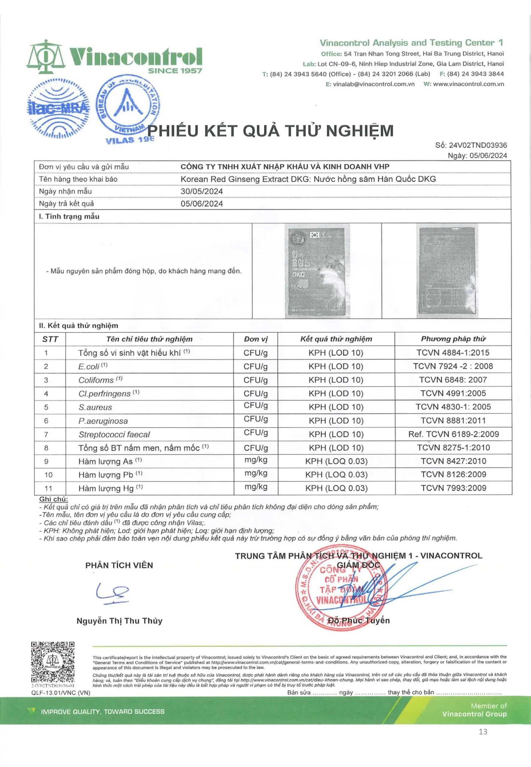 Phiếu kết quả thử nghiệm sản phẩm nước hồng sâm DKG Phiếu kết quả thử nghiệm sản phẩm nước hồng sâm DKG